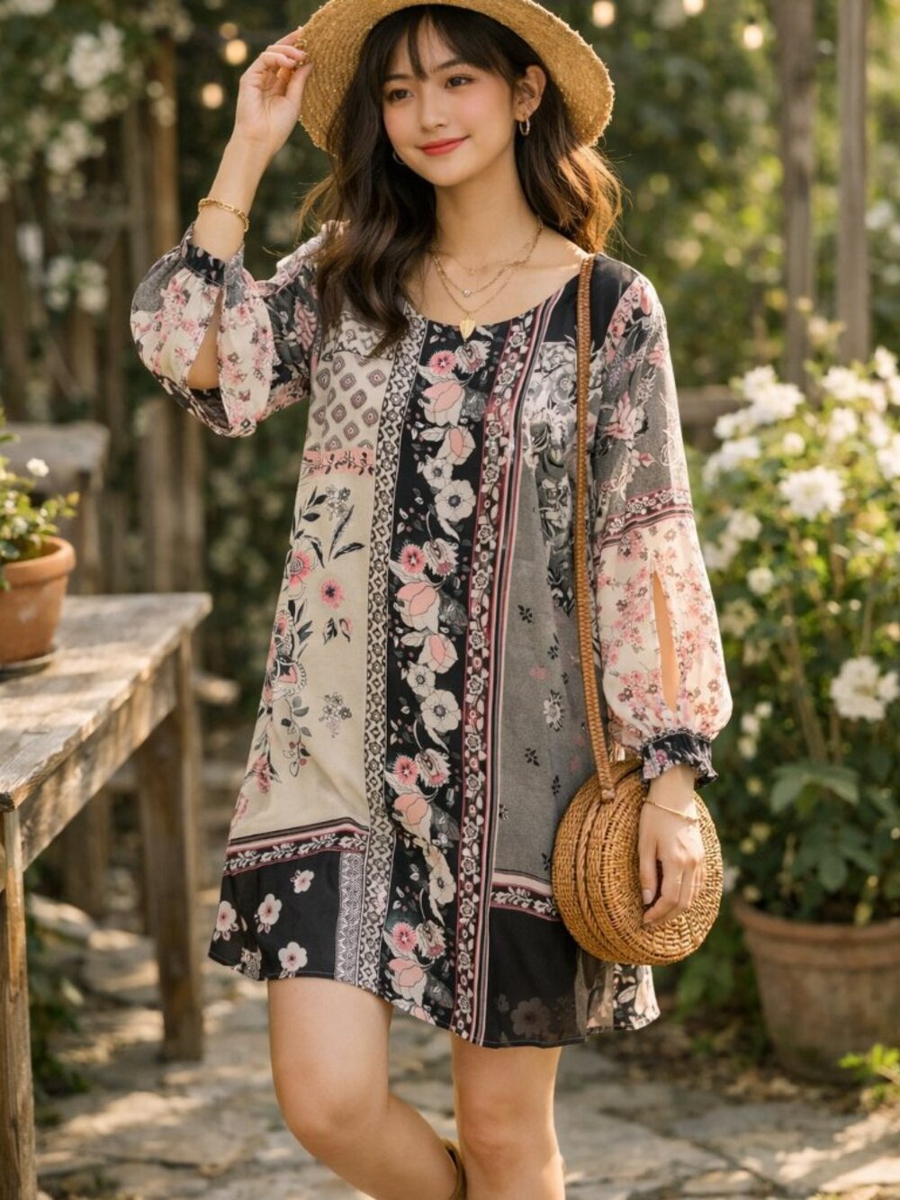Maurices Pink & Black and Gray Floral Slit Sleeve Shift Dress Size M